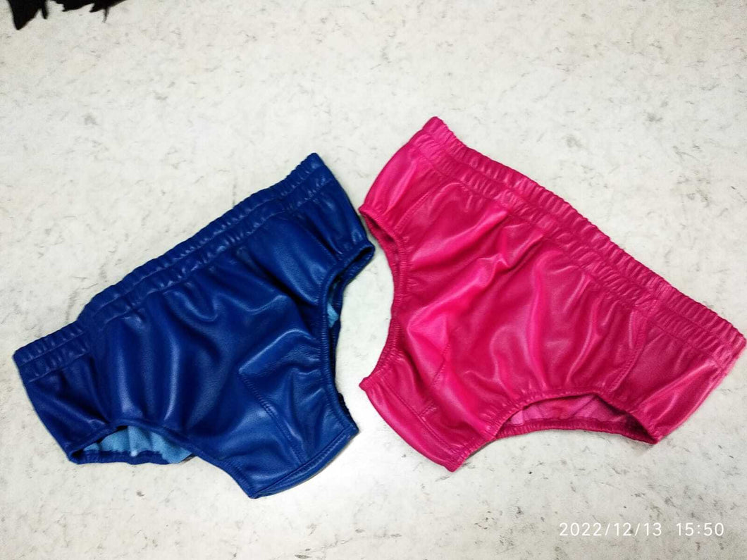 A pair of two Men's Red & Blue Briefs. Real Soft Sheepskin Leather Underwear's.