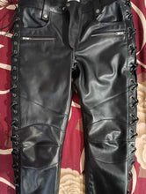 Load image into Gallery viewer, Mens Black Motorcycle Leather Pant. 2023 Real Soft Lambskin Side Lace Biker Pant.
