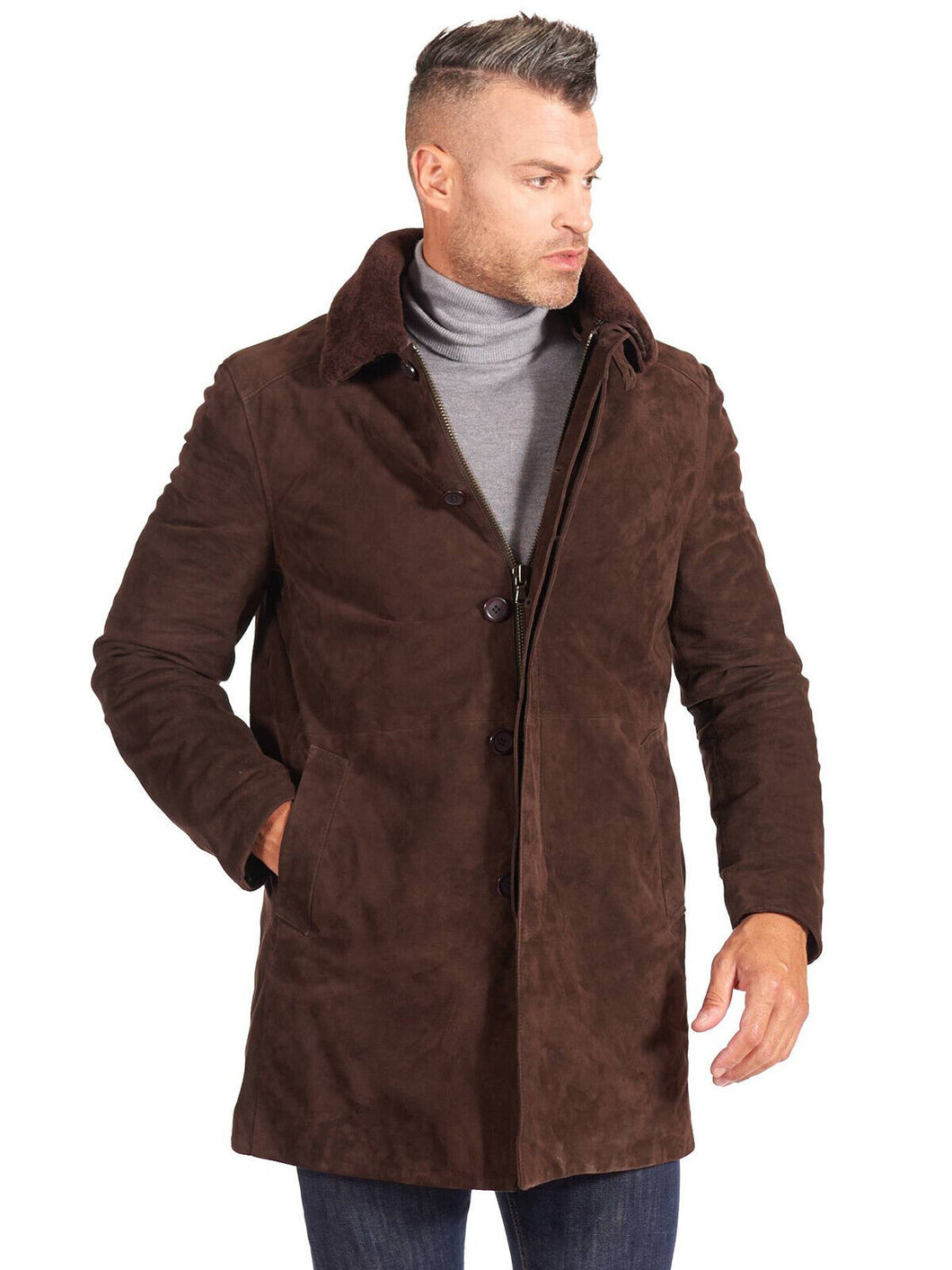 Mens New Dark Brown Suede Leather Trench Coat. Real Soft Lambskin leather Jacket