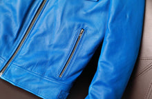 Load image into Gallery viewer, Mens Bright Blue Motorcycle Leather Jacket| Real Sheepskin Leather Biker Jacket.
