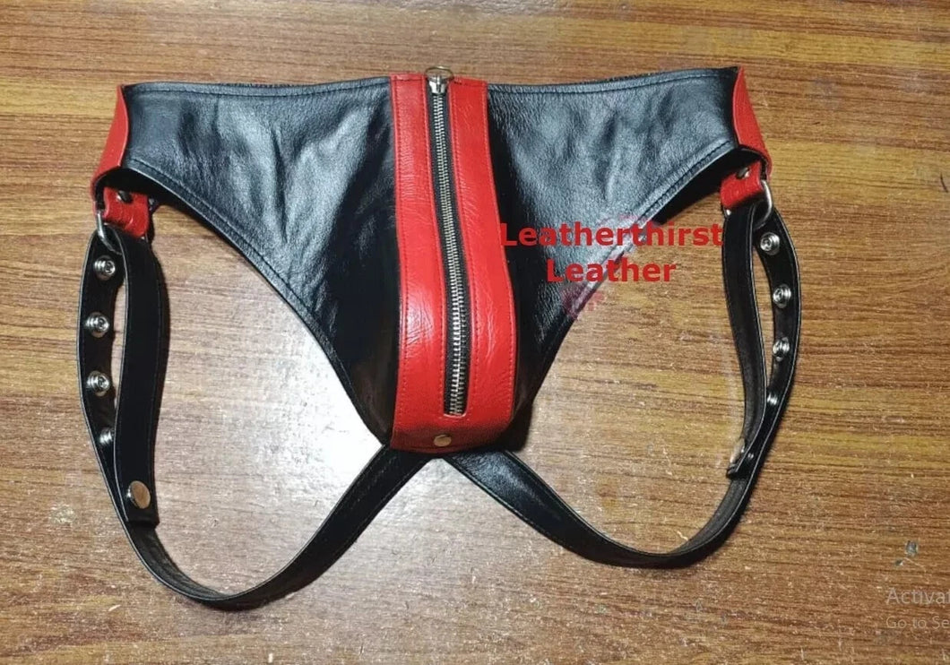 A pair of 2 Men's Zipped Black & Red Briefs| Real Sheepskin Leather Underwear 30