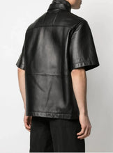 Load image into Gallery viewer, Men's &amp; boys black double collared leather t-shirt. Real Soft Sheepskin leather T-shirt.
