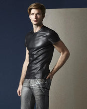 Load image into Gallery viewer, Mens &amp; Boys 100 % Real High Quality Soft Lambskin stretched Leather Black Tshirt
