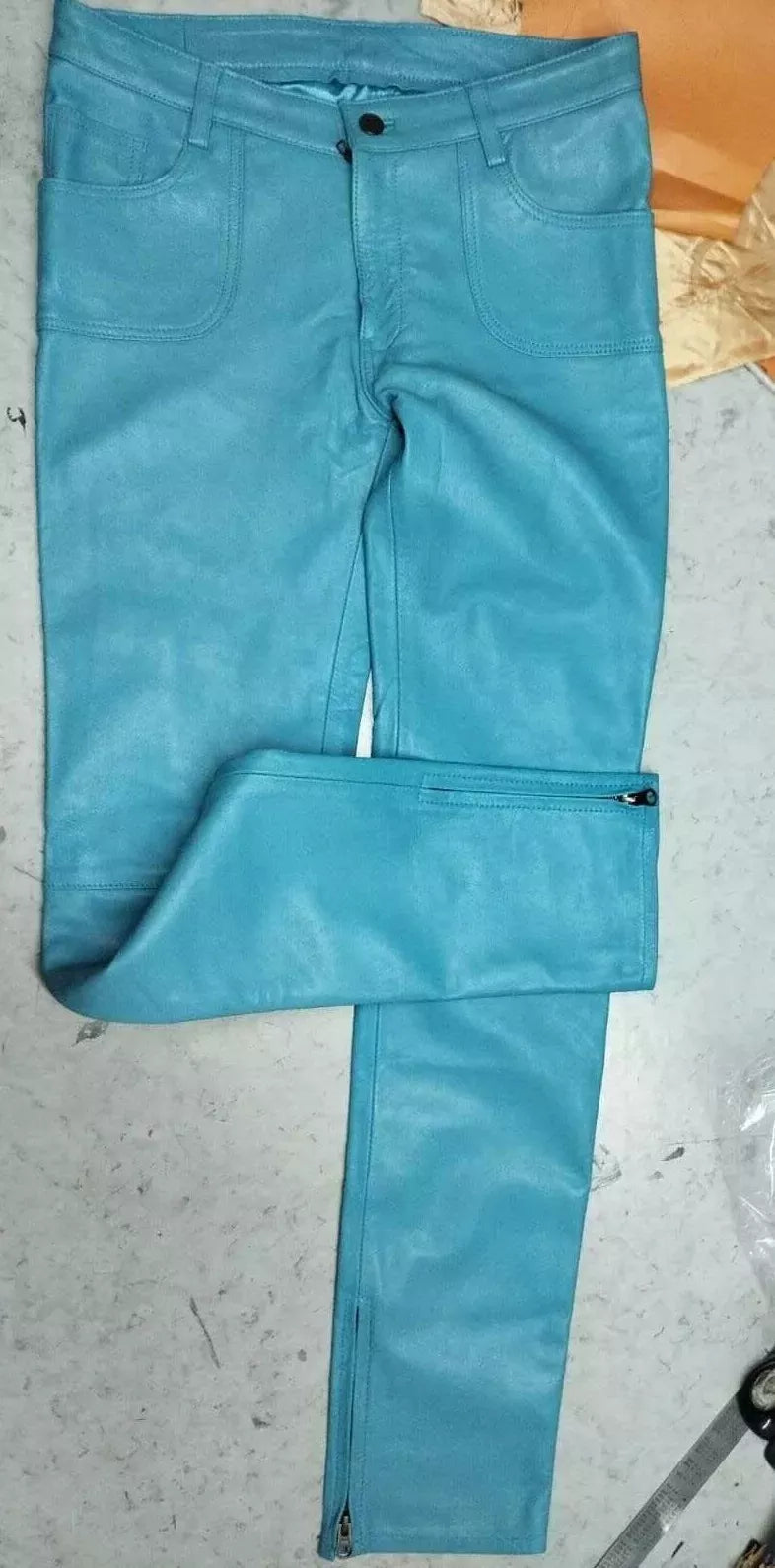 Mens New Turquoise Leather Sweat Pants. Genuine Soft Lambskin Leather Jeans Pant