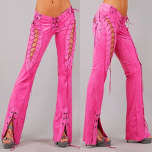 Load image into Gallery viewer, Women&#39;s Lace Up Pink Leather Pants. 2025 Real Soft Sheepskin Biker Leather Pant.
