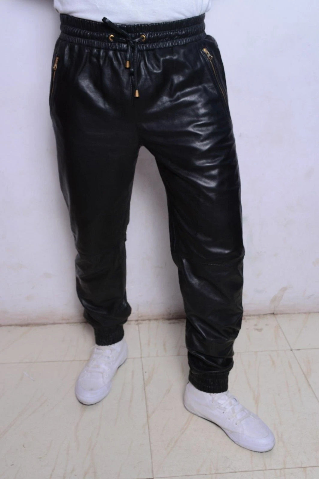 New Men's Leather Black Lambskin Sweat Pants. Real Soft Leather Joggers trousers