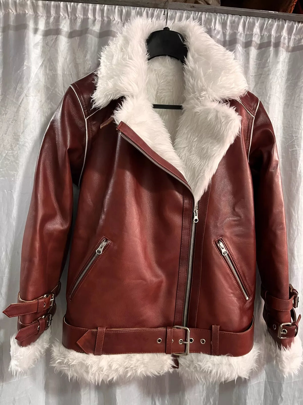 Womens B-3 Shearling Leather Jacket. Real Sheepskin Leather & Faux Fur Jacket XL
