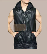 Load image into Gallery viewer, Mens New Black Motorcycle Hooded Leather Vest. Real Sheepskin Leather Biker Vest
