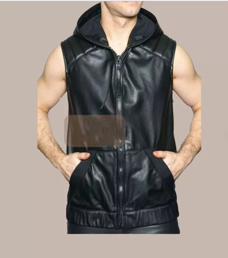 Mens New Black Motorcycle Hooded Leather Vest. Real Sheepskin Leather Biker Vest