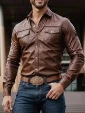 Load image into Gallery viewer, Dark brown men&#39;s leather shirt with flowing sleeves. Real Lambskin Biker...

