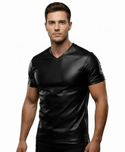 Load image into Gallery viewer, Mens &amp; boys black half sleeve leather T-Shirt. Real Soft Sheepskin leather V-neck T-shirt.
