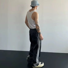 Load image into Gallery viewer, Mens Black/ Blue Leather Pants Loose Fit White Stripes Punk Biker Four Pocket Joggers.
