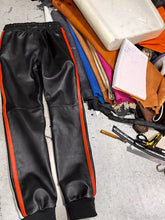 Load image into Gallery viewer, Men&#39;s Leather Black Lambskin Sweat Red Striped Pant. Real Soft Leather Joggers trouser
