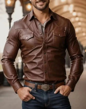 Load image into Gallery viewer, Dark brown men&#39;s leather shirt with flowing sleeves. Real Lambskin Biker...
