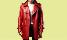 Load image into Gallery viewer, Brand New Men's Red Trench Leather Long Coat. Real Soft Sheepskin Leather Jacket
