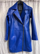 Load image into Gallery viewer, Womens Blue Crop Motorcycle Leather Dress. Real Lambskin Skinny Customized Dress
