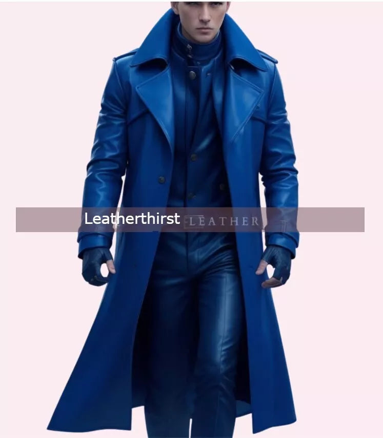 New Mens Blue Trench Leather Long Coat. Real Soft Lambskin Leather Jacket XL