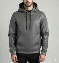 Load image into Gallery viewer, New Men's Gray Hooded Bomber Leather Jacket. Real Soft Sheepskin Leather Jacket.
