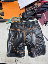 Load image into Gallery viewer, Men's Black Full Zipper Leather Shorts. Genuine Sheepskin Leather Striped Shorts
