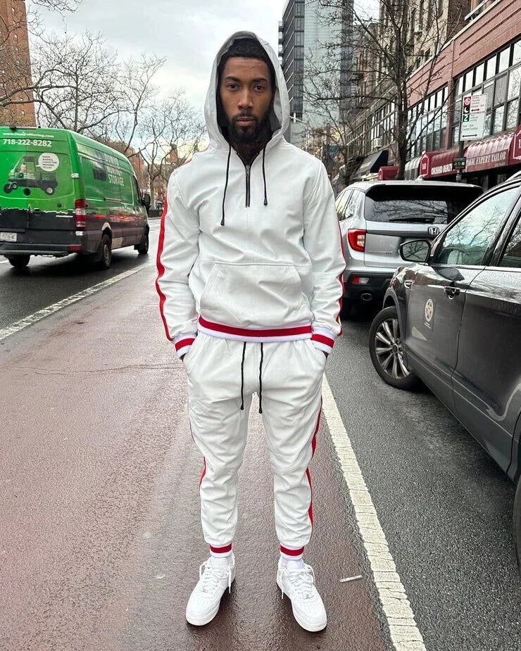 New Mens White Leather Tracksuit Set. Real Soft Sheepskin Leather Striped Hoody.