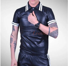 Load image into Gallery viewer, Men's &amp; boys black biker Leather T-Shirt. Real Soft Sheepskin leather| Striped.
