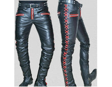 Load image into Gallery viewer, Mens Side Laced Black &amp; Red Biker Leather Pant. Real Soft Lambskin Leather Pant 34
