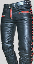 Load image into Gallery viewer, Mens Side Laced Black &amp; Red Biker Leather Pant. Real Soft Lambskin Leather Pant 34
