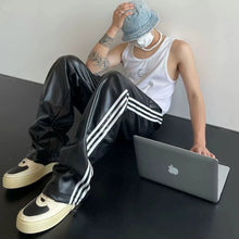 Load image into Gallery viewer, Mens Black/ Blue Leather Pants Loose Fit White Stripes Punk Biker Four Pocket Joggers.
