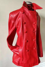Load image into Gallery viewer, Womens Red Trench Leather coat| Genuine Lambskin Leather Double Breasted Coat 34
