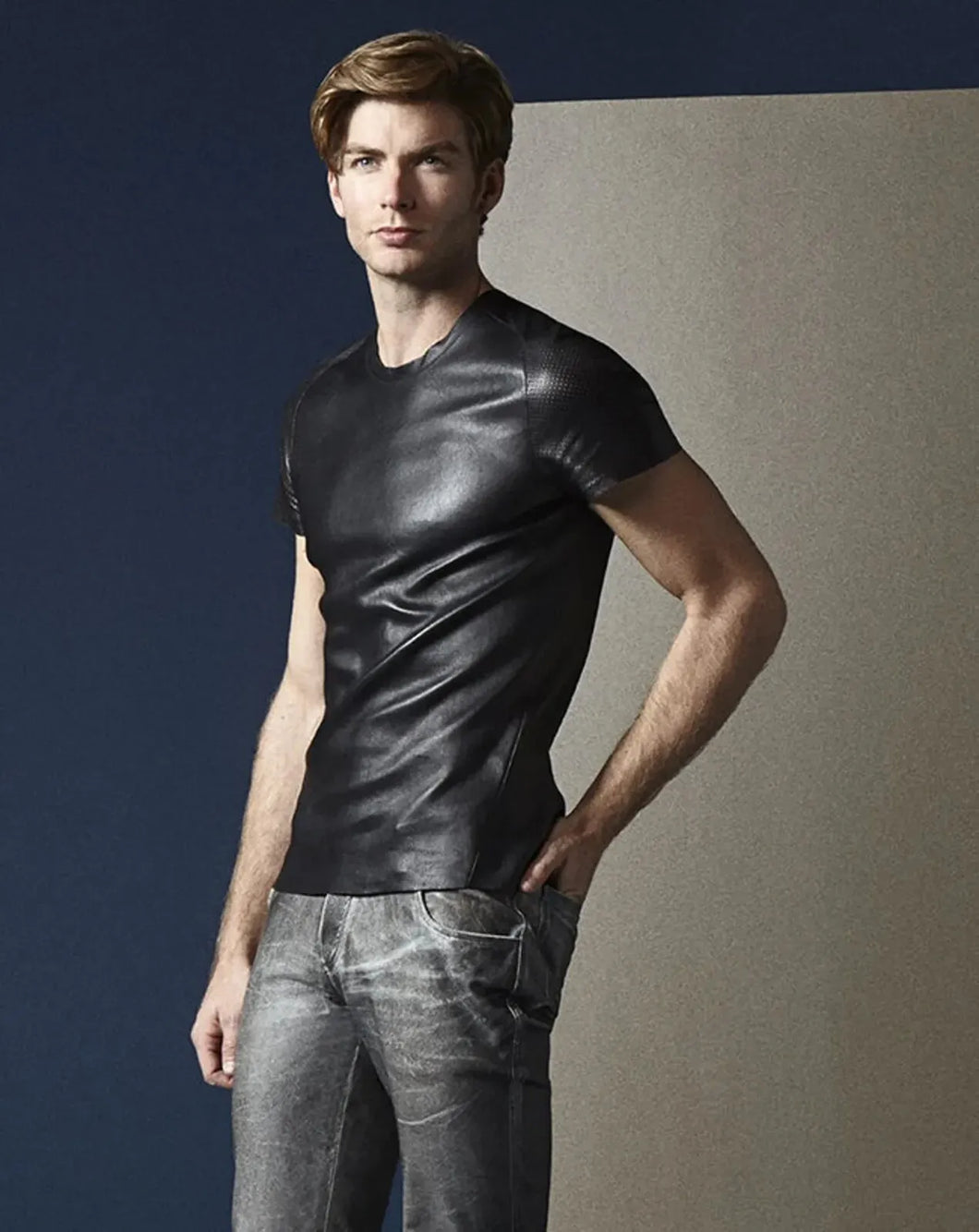 Mens & Boys 100 % Real High Quality Soft Lambskin stretched Leather Black Tshirt