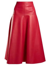 Load image into Gallery viewer, New Women's Red Leather Skirt. Real Sheepskin Flared Formal Wear Leather Skirt.
