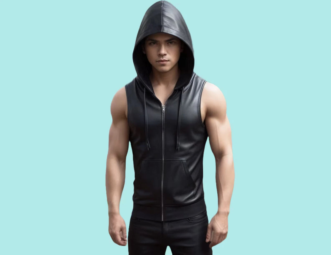 New Mens Black Hooded Leather Vest. Real Soft Sheepskin Leather Biker Vest. XL