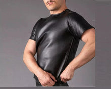 Load image into Gallery viewer, Mens &amp; boys black half sleeve leather T-Shirt. Real Sheepskin leather round neck
