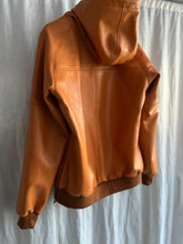 Load image into Gallery viewer, Mens Camel Tan Hooded Bomber Leather Jacket. Real Soft Sheepskin Leather Jacket.
