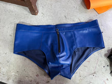 Load image into Gallery viewer, A pair of two Men's Blue &amp; Black Brief. Real Soft Sheepskin Leather Underwear's 34
