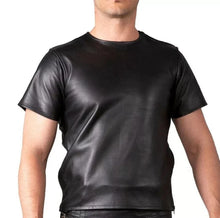 Load image into Gallery viewer, Mens &amp; boys black half sleeve leather T-Shirt. Real Sheepskin leather round neck
