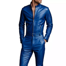 Load image into Gallery viewer, Mens Blue Leather Slim fit Casual Jumpsuit. Real Soft Sheepskin Leather Bodysuit
