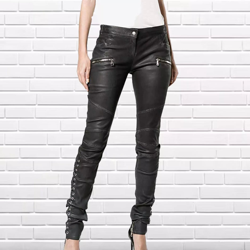 Women's Black leather Pants. Real soft sheepskin Biker leather jeans for females