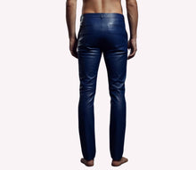 Load image into Gallery viewer, Men's Blue/ Brown Double Layered Leather Pant. Real Soft Lambskin Biker Leather Pant 34.
