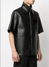 Load image into Gallery viewer, Men's &amp; boys black double collared leather t-shirt. Real Soft Sheepskin leather T-shirt.
