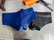 Load image into Gallery viewer, A pair of two Men's Blue &amp; Black Brief. Real Soft Sheepskin Leather Underwear's 34
