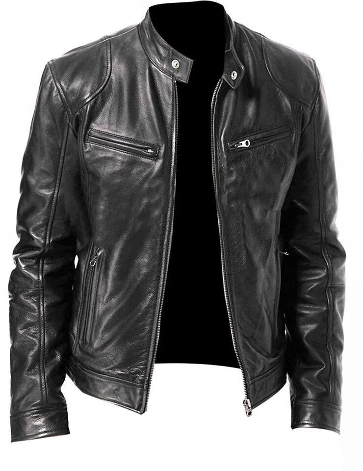 New Mens Black Cafe Racer leather biker jacket made of soft sheep leather...