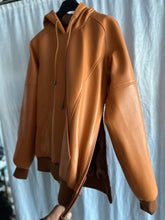 Load image into Gallery viewer, Mens Camel Tan Hooded Bomber Leather Jacket. Real Soft Sheepskin Leather Jacket.
