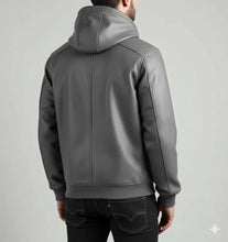 Load image into Gallery viewer, New Men's Gray Hooded Bomber Leather Jacket. Real Soft Sheepskin Leather Jacket.
