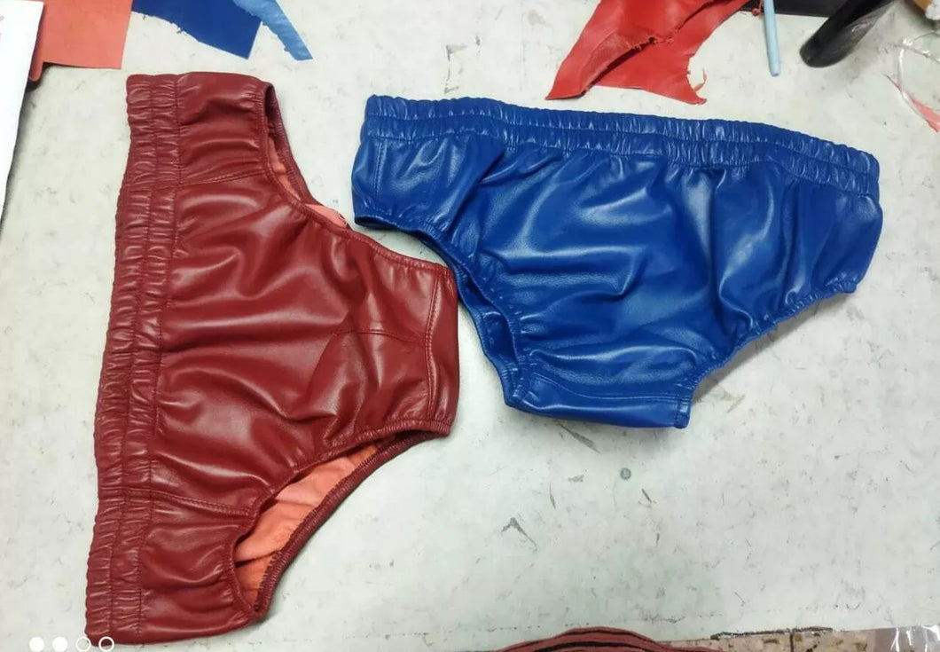 A pair of two Mens Maroon & Blue Double Layered Briefs. Real Soft Sheepskin Leather Underwear's