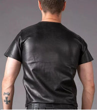Load image into Gallery viewer, Mens &amp; boys black half sleeve leather T-Shirt. Real Sheepskin leather round neck
