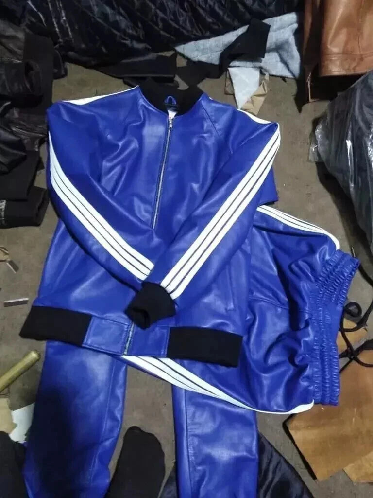 Men's & boys blue Leather Hoodie & Trouser. Real Soft Sheepskin leather striped tracksuit.