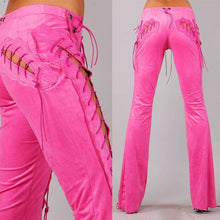 Load image into Gallery viewer, Women&#39;s Lace Up Pink Leather Pants. 2025 Real Soft Sheepskin Biker Leather Pant.
