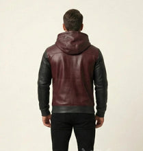 Load image into Gallery viewer, New Mens Burgundy Leather Hoody| Genuine Soft Sheepskin Leather Hooded Jacket
