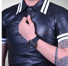 Load image into Gallery viewer, Men's &amp; boys black biker Leather T-Shirt. Real Soft Sheepskin leather| Striped.
